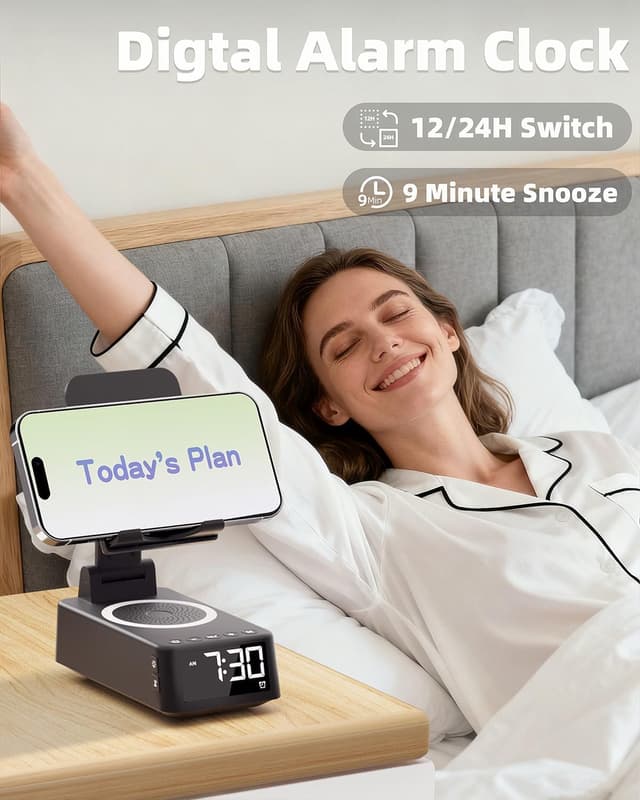 Detalle 2 de Caulikine 6-in-1 Alarm Clock with Bluetooth Speaker, Phone Stand, White Noise & Ambient Light