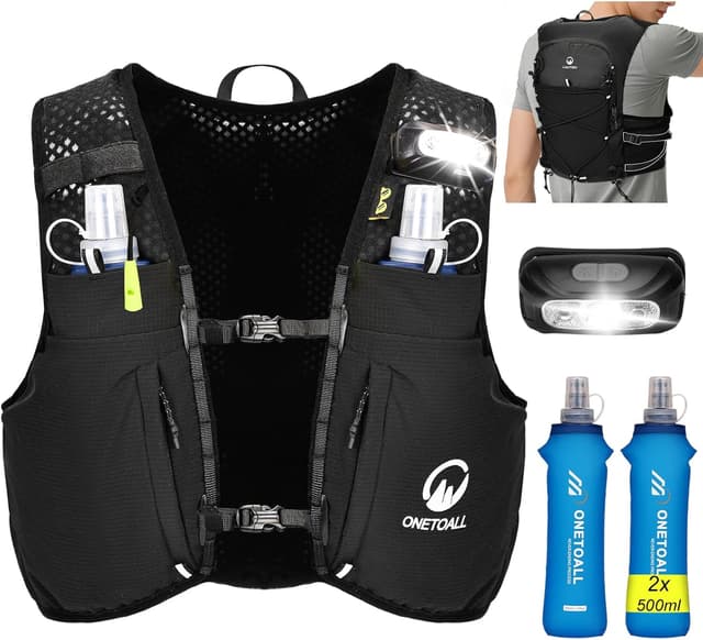 Detalle de ONETOALL Laufweste Damen mit 2 faltbaren Trinkflaschen (500 ml) & reflektierendem LED-Licht – 13 Reflektorpunkte