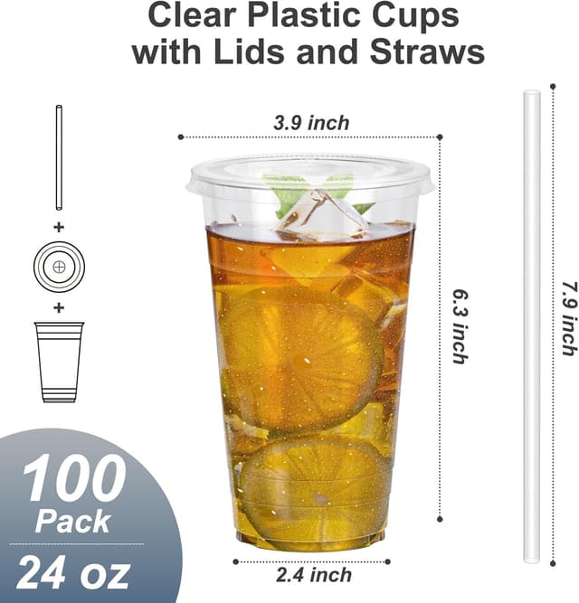 Detalle 2 de Dealusy 100-Pack 24 oz Clear Plastic Cups with Lids and Straws (Food-Safe, BPA-Free)