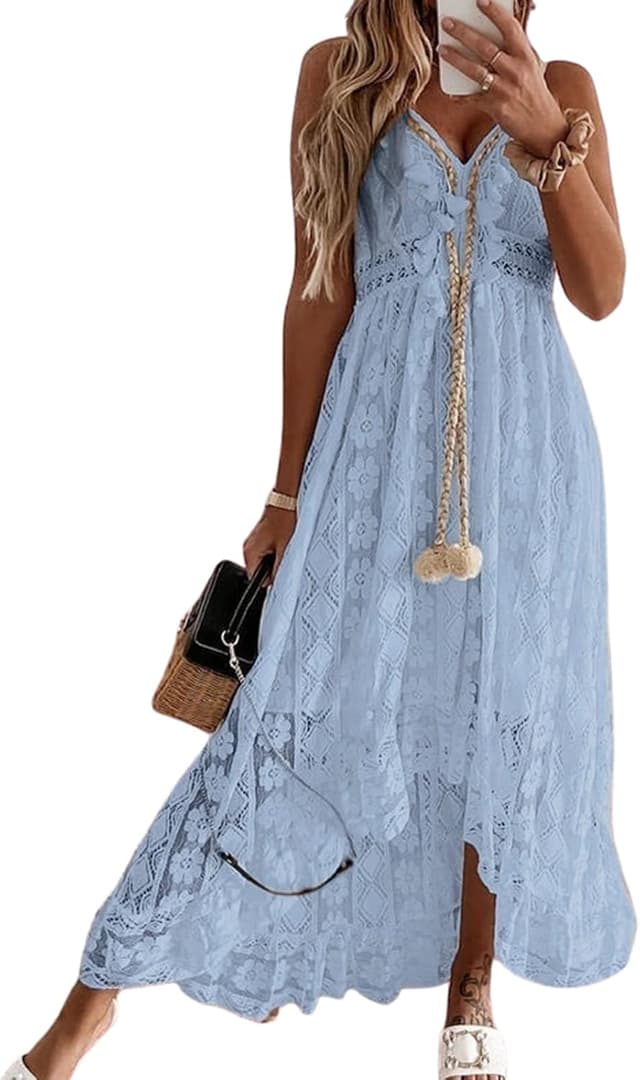 Detalle de CUPSHE Damen Sommerkleid mit V-Ausschnitt, Spitze und Quasten – Boho/Beach Maxi mit Spaghettiträgern