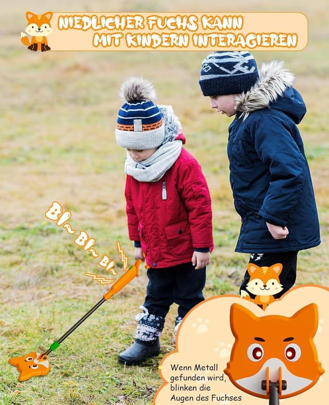 Detalle 2 de Kinder-Metallldetektor OKESAM mit einstellbarem Schaft (30–38 Zoll), Suchspule mit Fuchs-Motiv, Set mit Schaufel und Rechen
