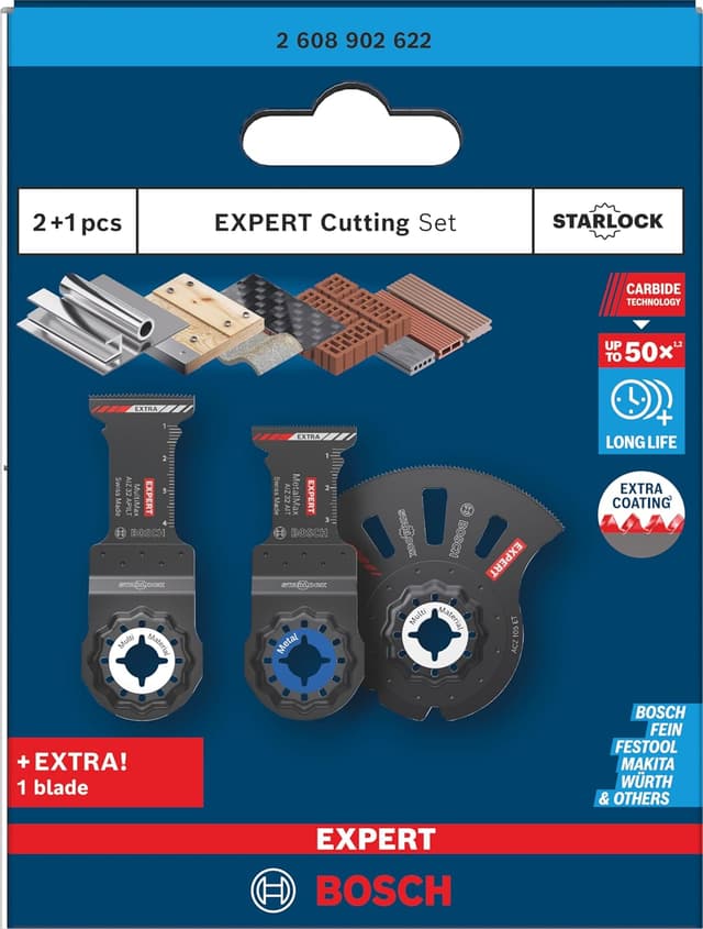 Detalle de Coffret Bosch EXPERT Cutting Starlock — 3 lames pour inox, bois avec clous et plaques de plâtre