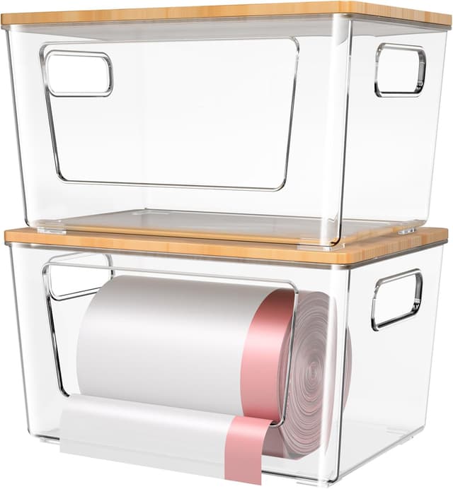 Detalle de spospo 2 Pack Trash Bag Holder with Bamboo Lid (Stackable, Extra-Large Clear Dispenser)