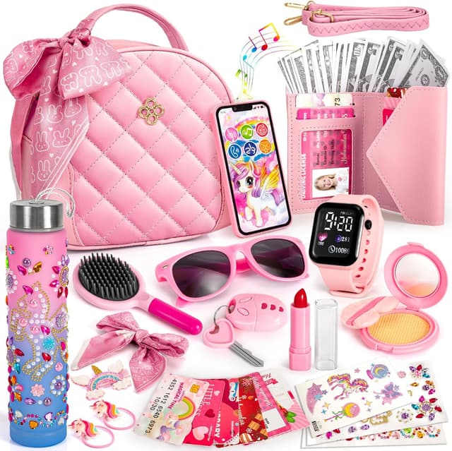 Detalle de Hohosunlar Play Purse Set for Little Girls (Kids Handbag + Pretend Makeup, Craft Water Bottle & Accessories) for Ages 3–12