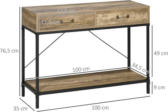 Detalle de HOMCOM Table Console d’entrée industrielle avec 2 tiroirs et plateau aspect bois (100 x 35 x 76 cm)