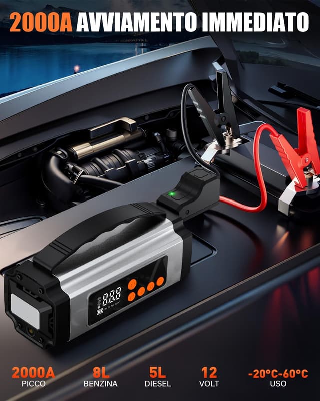 Detalle de Onherm 7-in-1 Booster Avviatore auto con compressore 150 PSI, 2000A e torcia, per batterie 12V benzina e diesel