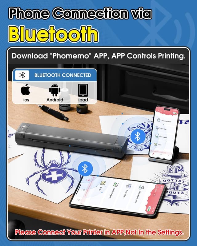 Detalle de Phomemo M08F Tattoo Stencil Drucker (Bluetooth, Thermodruck) inkl. 10 Transferpapier