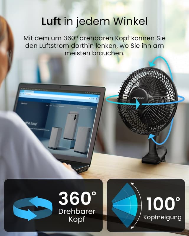 Detalle de Pro Breeze Mini Ventilator mit Clip (20 cm) – Tisch- & Growbox-Lüfter mit 2 Geschwindigkeitsstufen