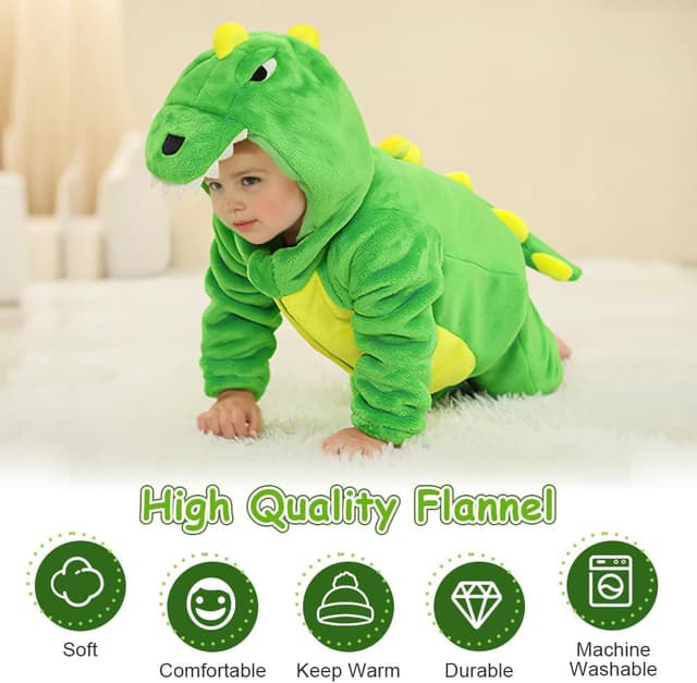 Detalle 2 de DiULi dinosaur winter hooded flannel romper with front zipper (baby boys & girls)