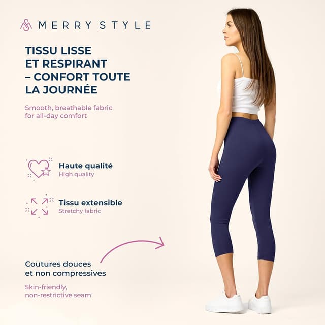 Detalle de Merry Style legging 3/4 femme en viscose – pantacourt confortable pour sport, yoga et maison