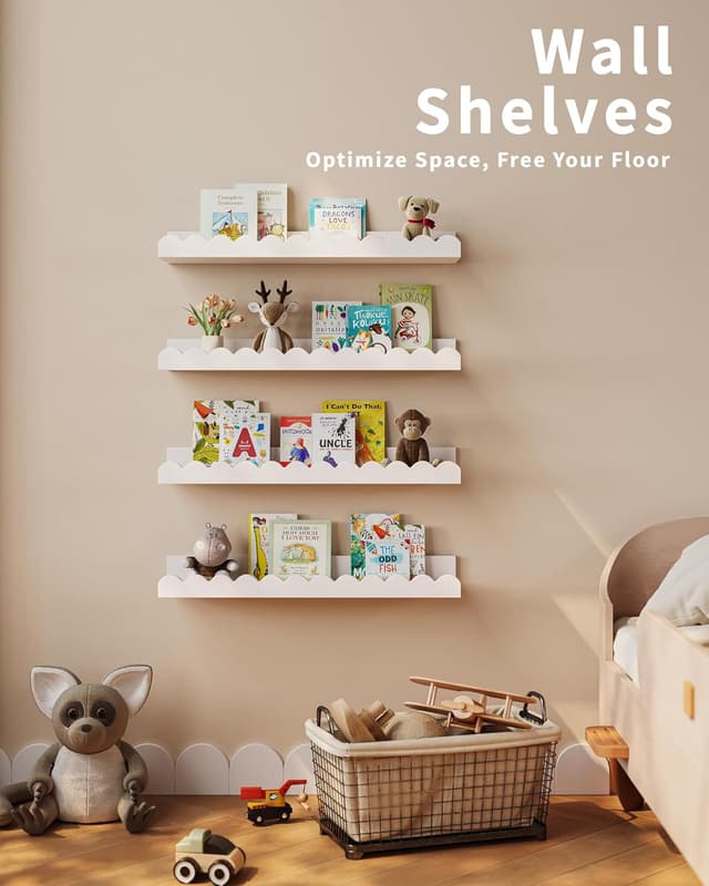 Detalle 2 de Shario Nursery Book Shelves (4-Pack) White Floating Wall Shelves for Kids Rooms