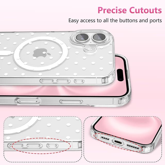 Detalle de ZTOFERA Magnetic Clear Polka Dot Case for iPhone 17 (MagSafe Wireless Charging, Slim Soft Protection) — White Dot