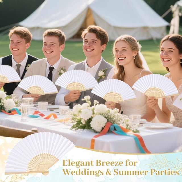 Detalle de iZoeL set da 12 ventagli pieghevoli bianchi con carta e manico in bambù