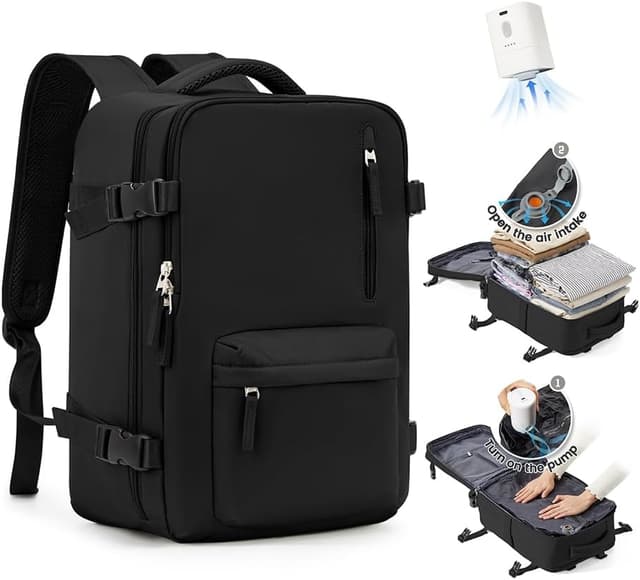 Detalle de SZLX Zaino da viaggio sottovuoto 40x30x20 con pompa, zaino cabina 40x20x25 per Ryanair e organizer per laptop 14