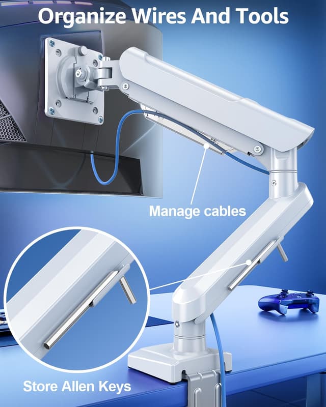 Detalle 2 de ELIVED Freelift Pro Single Arm Monitor Desk Mount (VESA 75/100, 13–32 inch, 2–9kg) in white