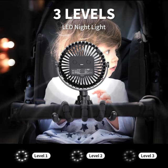 Detalle de AMACOOL Pram Fan (Battery Operated) Clip-On with Flexible Tripod, 3 Speeds & Rotatable Head – Black