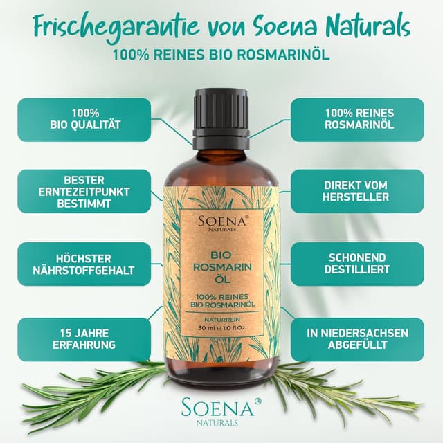 Detalle de Bio Rosmarinöl (Fördert das Haarwachstum) von Soena Naturals – ätherisches Rosmarinöl in hoher Konzentration