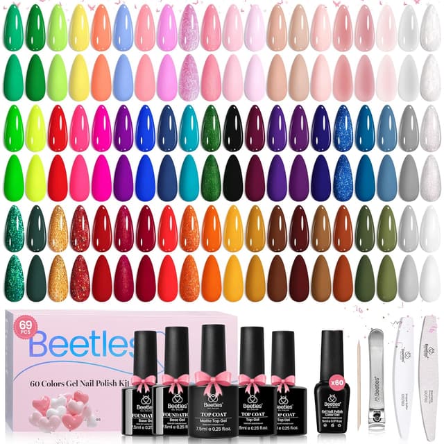 Detalle de beetles Gel Polish Beetles Gel-Nagellack-Set mit 60 Farben (Neon, Jelly, Nude-Pink & mehr) inkl. Basis & Top
