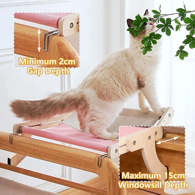 Detalle de TothDate Window Seat for Indoor Cats (Large) – Wooden Perch Hammock with Pink Fabric