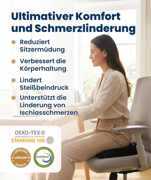 Detalle 2 de Everlasting Comfort Memory-Schaum Sitzkissen mit ergonomischer Steißbein-Unterstützung