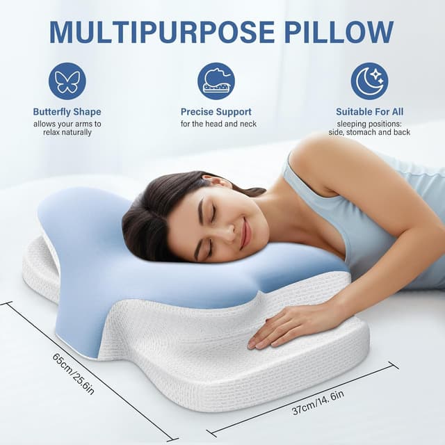 Detalle de Ehomfory oreiller ergonomique cervical 2 en 1 en mousse à mémoire de forme (papillon) bleu, 65x37x10/12 cm