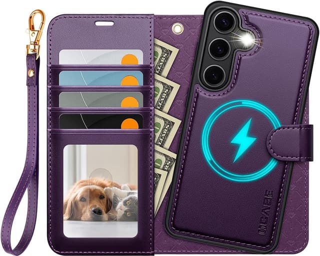 Detalle de OCASE kompatible Hülle für Samsung Galaxy S25 Plus (2in1) mit abnehmbarem Magnet-Flip, Kartenfach & RFID-Schutz – dunkelviolett