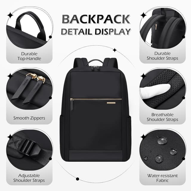 Detalle 2 de GOLF QUALITY 15.6 Inch Laptop Backpack for Women – Anti-theft, water-resistant commuter carry-on (Black)