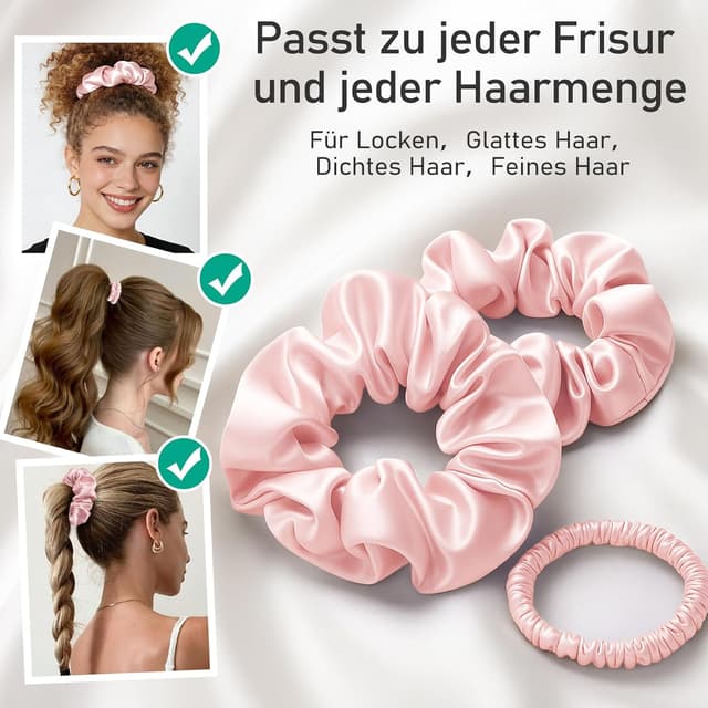 Detalle de LitBear Seiden Scrunchies 3er-Set (100% Maulbeerseide) in 3 Größen – sanftes Haargummi gegen Haarbruch