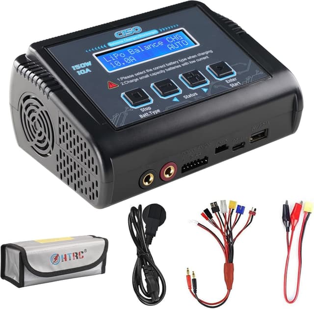 Detalle de HTRC C150 LiPo Ladegerät (150W, 10A) mit Balancer für LiPo/LiHV, NiMH/NiCd & PB, LCD, 20 Speicherplätze