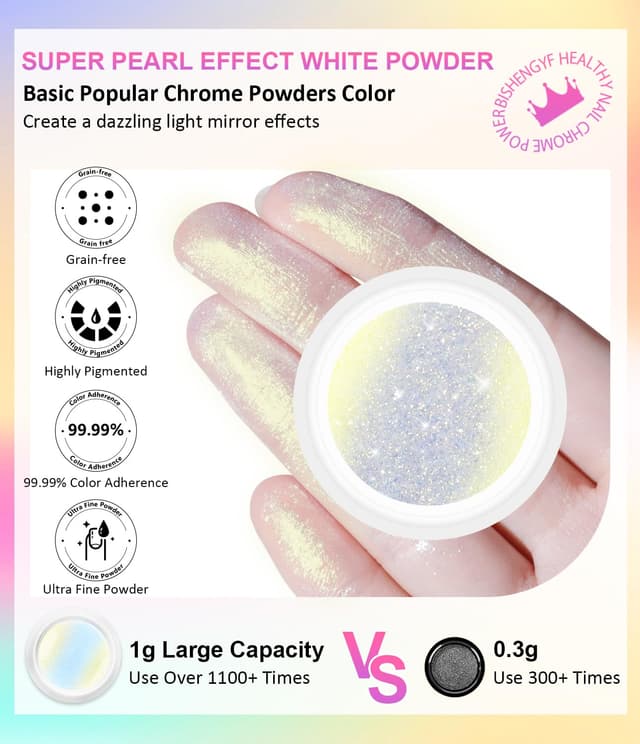 Detalle de BISHENGYF Weißes Chrome Nail Powder (Aurora Pearl/Glazed Donut/Holo Spiegel) – 4er-Set für Gel- & DIY-Nägel