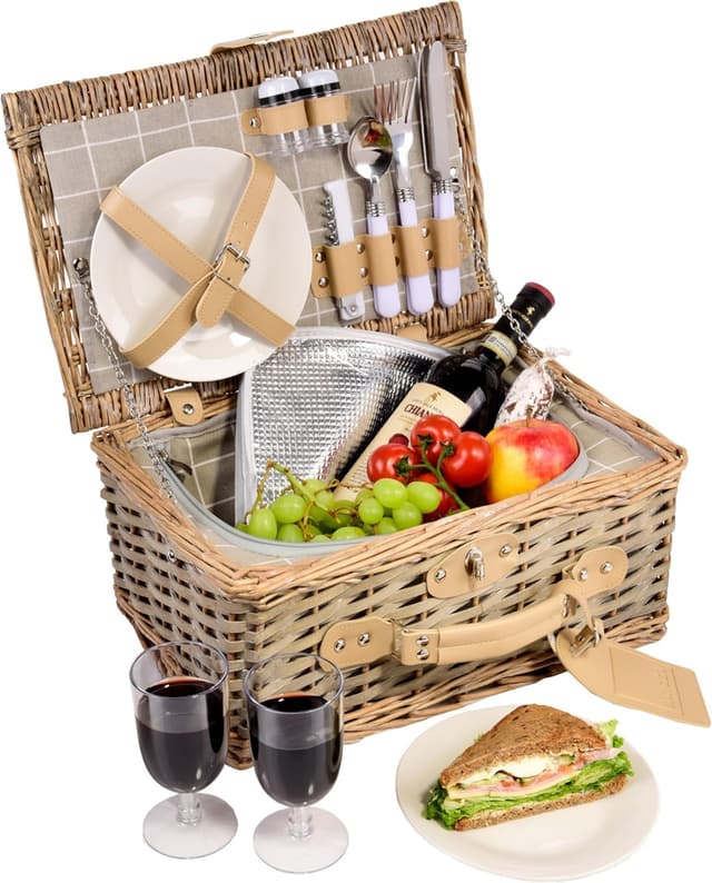 Detalle de SÄNGER Picknickkorb Borkum – 25-teiliges Set für 4 Personen mit integriertem Tisch