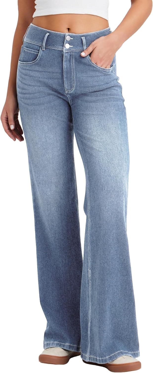 Thumbnail 6 de LaiEr Women’s Wide-Leg Jeans with Double Row Button Zip Placket – High Elastic Denim Look for Casual, Yoga & Fitness