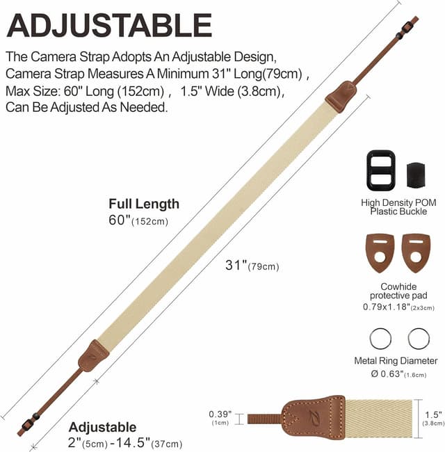 Detalle de Padwa Lifestyle Off White Camera Strap – Double-layer Crazy Horse Ends, 1.5in woven cotton strap