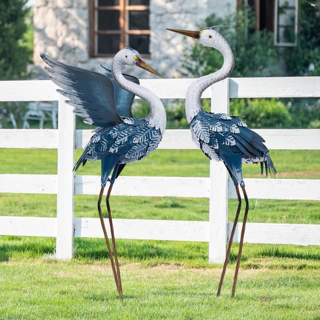 Detalle de TERESA'S COLLECTIONS Large Garden Ornaments: 2pc Lifelike Metal Heron Statues for Outdoor Ponds (26 inch)