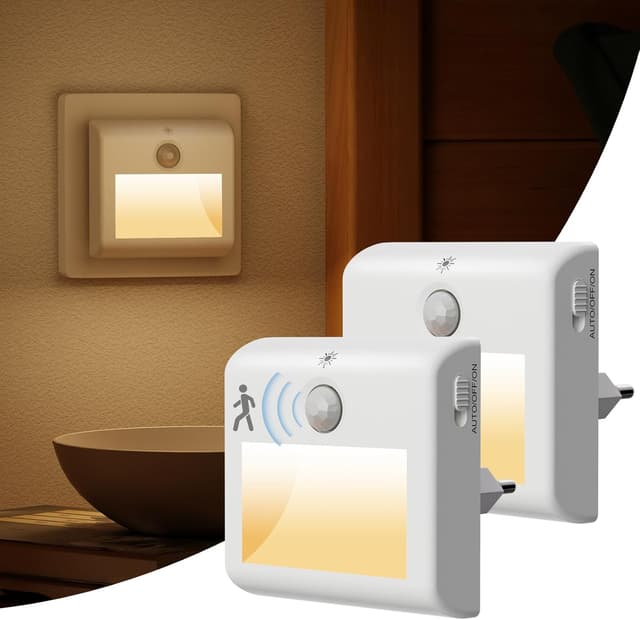 Detalle de Suright 2er-Set Nachtlicht-Steckdose mit Bewegungsmelder, warmweißes LED-Licht (3000K), 3 Modi & stufenlose Dimmung