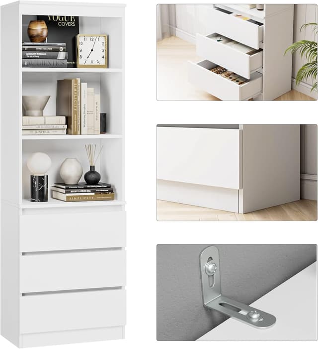 Detalle de FirFurd bibliothèque haute autoportante blanche avec 3 étagères et 3 tiroirs (60 x 35 x 180 cm)