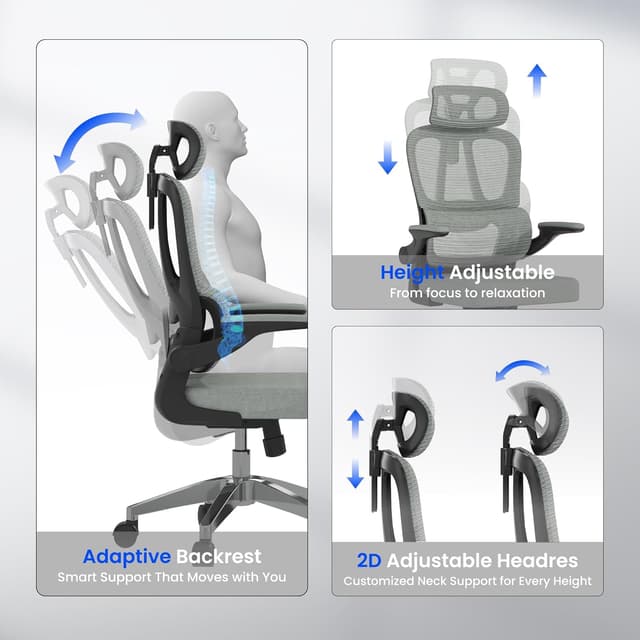 Detalle de FLEXISPOT OC3 Lite — chaise de bureau ergonomique en maille avec support lombaire en C et accoudoirs 2D