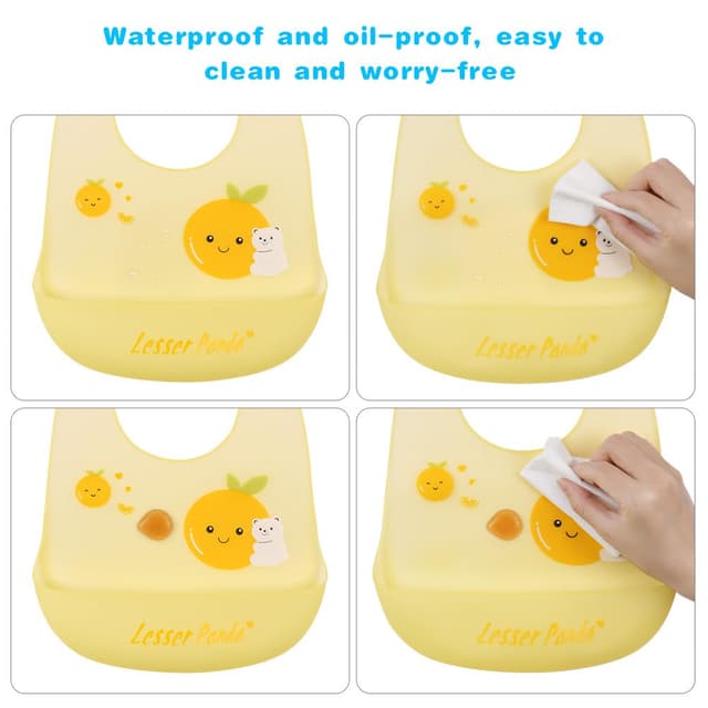 Detalle 2 de Vicloon Silikon Baby Lätzchen (2er-Set) mit Auffangschale, 6 verstellbaren Druckknöpfen, BPA-frei – Bär & Kaninchen