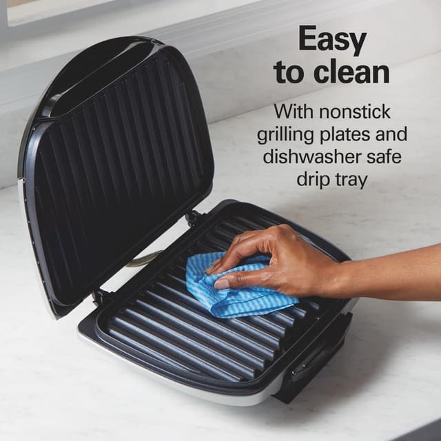 Detalle de Hamilton Beach Electric Indoor Grill (25371) — 6-Serving, Nonstick Easy-Clean Plates, Floating Hinge