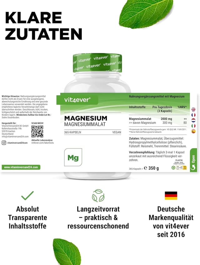 Detalle de vit4ever Magnesium Malat (Magnesiummalat) – 365 vegane Kapseln, 2000 mg mit 300 mg elementarem Magnesium pro Tagesportion