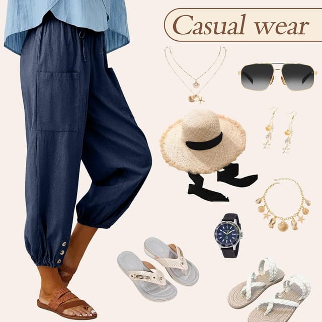 Detalle de Pantalon femme d’été en coton fluide – pantacourt 7/8 à taille élastique, ample et décontracté