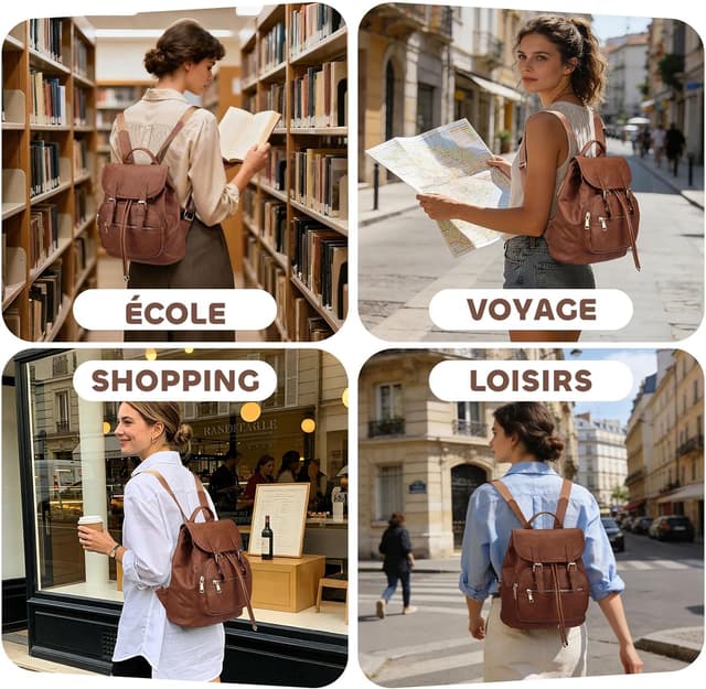 Detalle de Leathario Petit sac à dos femme en cuir vegan antivol léger