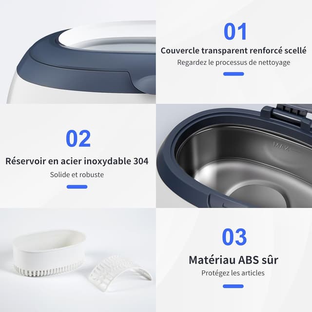 Detalle de Uten Nettoyeur à ultrasons 600 ml avec panier et support automatique (40 000 Hz) pour bijoux, lunettes, dentier
