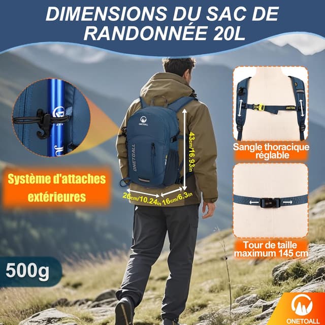 Detalle 2 de ONETOALL Sac à dos de randonnée 20 L anti-vol et imperméable (500 g) pour homme et femme