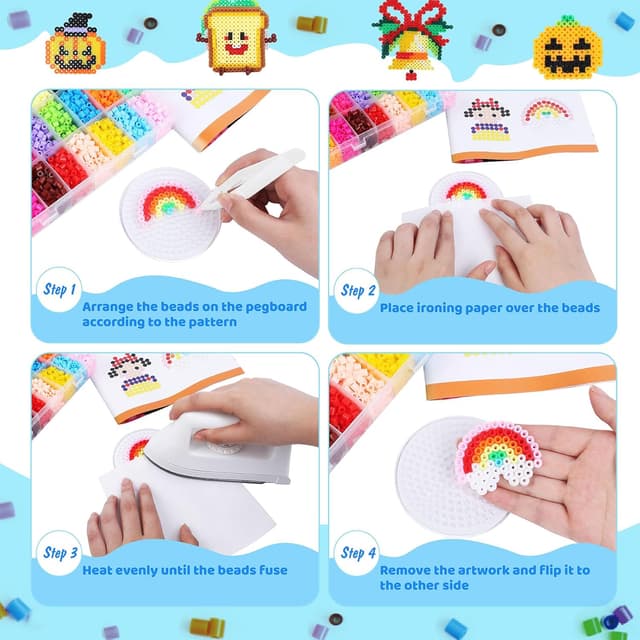 Detalle de Fuse Beads Kit (24 Colours, 5mm) with Pegboards, Tweezers, Ironing Papers & Keyrings