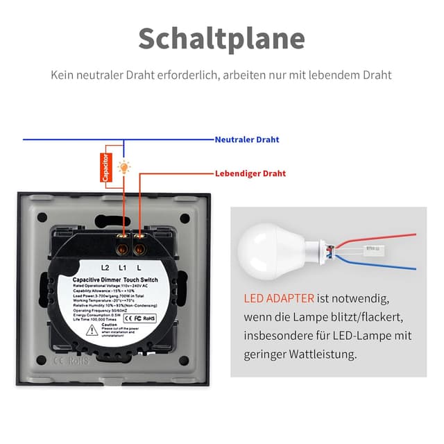 Detalle de LIAONFOY Normaler Touch Dimmschalter Unterputz (Glas-Touch, LED-Dimmer) 110–240V, 86 mm, schwarz