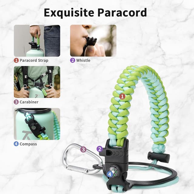 Detalle de Trebo One Gallon Insulated Water Bottle (3.8 L) with Paracord Handle, 3 Leakproof Lids & Straw/Spout/Wide-Mouth Options, Dark Green