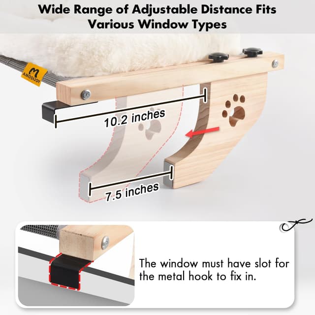 Detalle de AMOSIJOY Cat Sill Window Perch Hammock Seat with Cushion (L) — Adjustable, No-Drill Window Mount for Large Cats