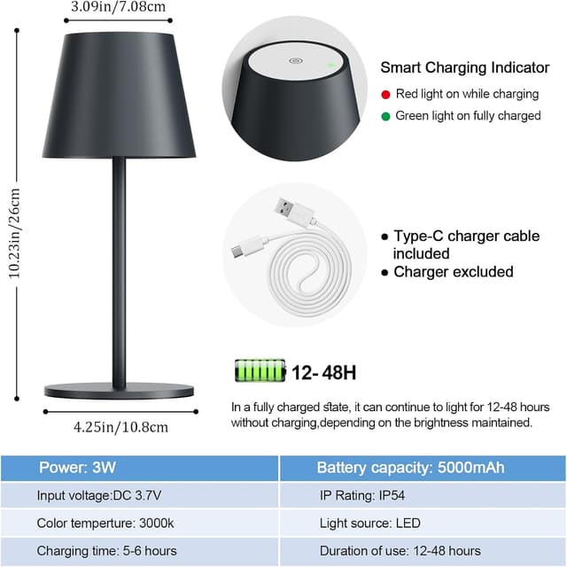 Thumbnail 4 de lundwa dimmbare Akku-Tischleuchten (2er-Set) 26 cm, 5000 mAh, 3 W, 3000 K, IP54 – Anthrazit