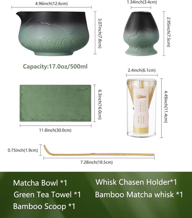 Detalle 2 de ZENS Matcha Tea Set with Bamboo Whisk (5pc) – Sage Green Ceramic Bowl, Chasen Holder, Scoop & Towel